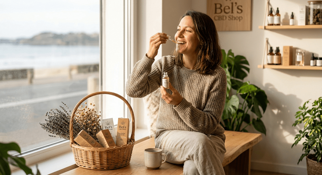 Femme sereine utilisant de l'huile de CBD Bel's CBD Shop à Saint-Jean-de-Luz pour le bien-être